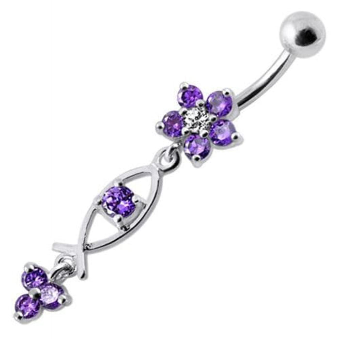 Silver Fancy Jeweled Dangling Flower With SS Banana Bar Navel Ring