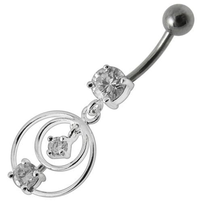 Silver Fancy Round Jeweled Dangling Navel Ring