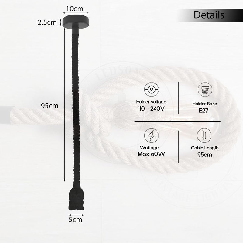 Vintage Pendant Light | 1m Hemp Rope Hanging Lamp | Metal E27 Ceiling Lamp