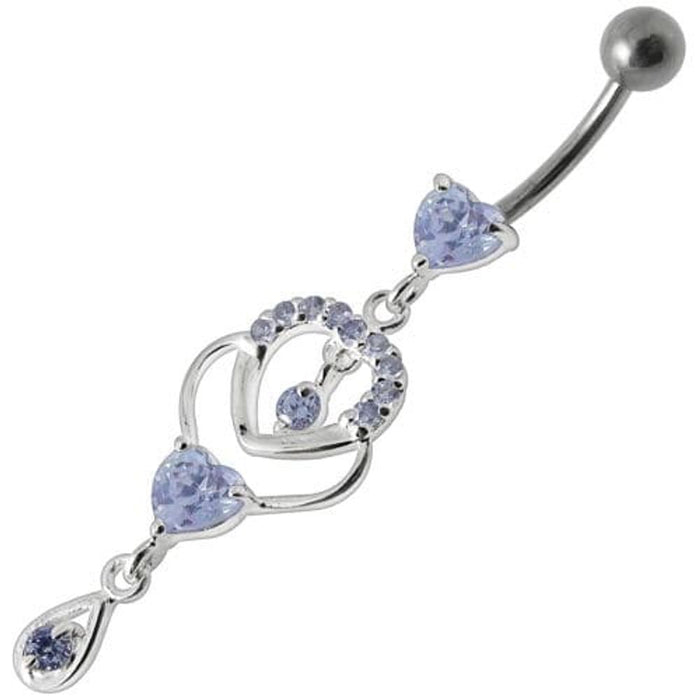 Fancy Jeweled Dangling Heart With Banana Bar Belly Ring Body Jewelry