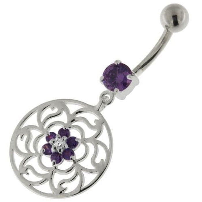 Center Flower with Floral 925 Sterling Silver Belly Button Ring