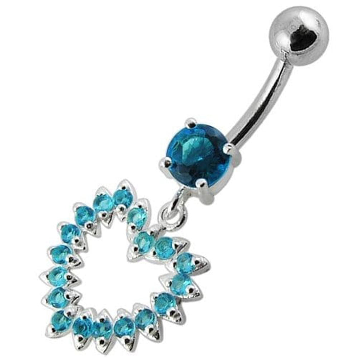 Jeweled Fancy Heart Silver Dangling Banana Bar Navel Belly Ring