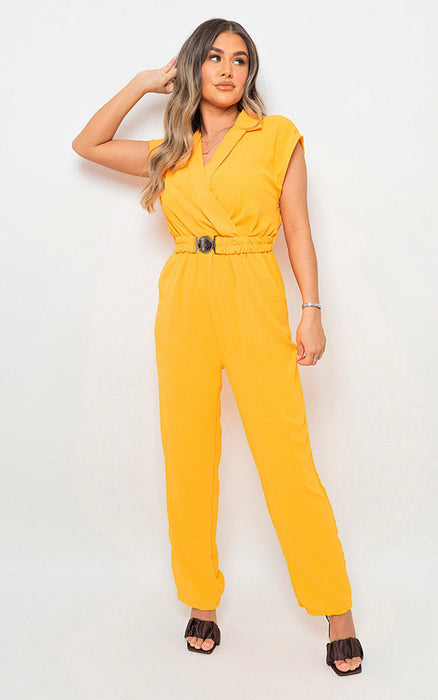 Short Sleeve Wrap Front Belted Jumpsuit