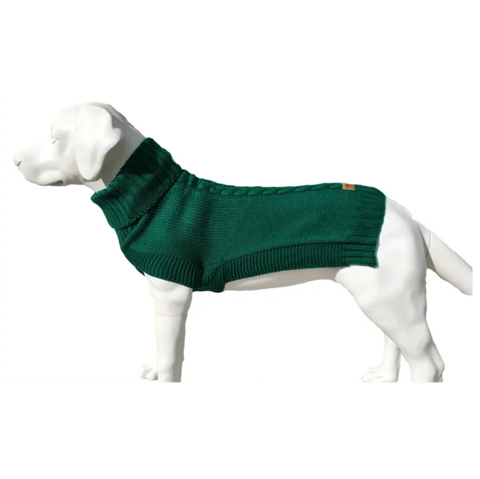 The Jazz Dog Jumper in Green - Contemporary Cableknit Design, Lycra Strengthened Rolleck, Leg Slits - Best Quality