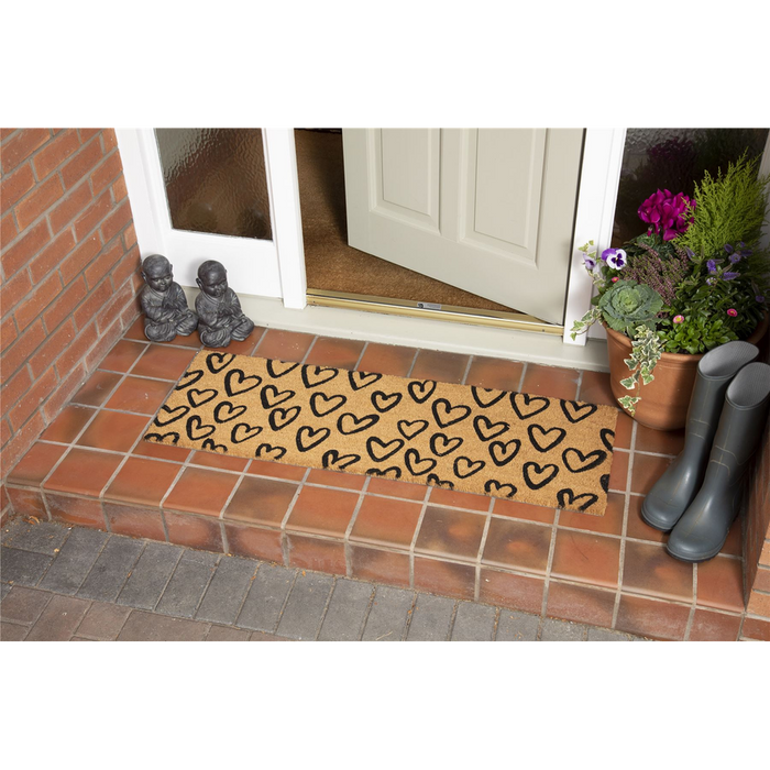 Astley Printed Hand Drawn Hearts PVC Backed Coir 40x120cm Natural Doormat