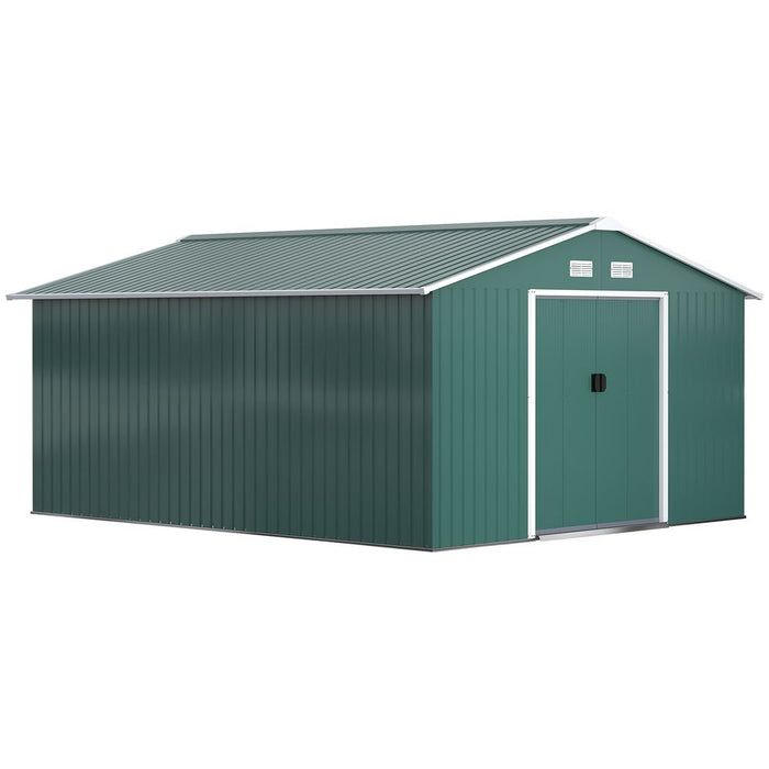 Durable Green Metal Storage Shed with Vent & Doors - 13ft x 11ft