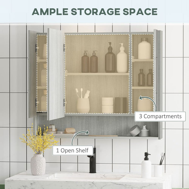 High-End Grey Bathroom Mirror Cabinet, Wall Mounted with 3 Doors and Cupboards - Order Today!