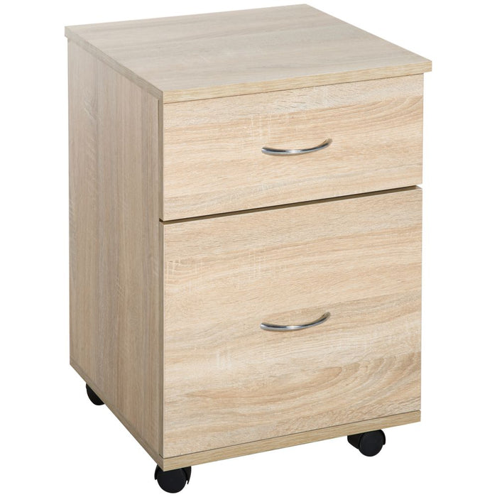 Premium Oak Mobile File Cabinet w/ 2 Drawers - Stylish & Spacious for Office - Durable Wood Side Table Pedestal - Easy Mobility