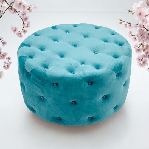 80X80CM BLUE BUTTONED ROUND FOOTSTOOL
