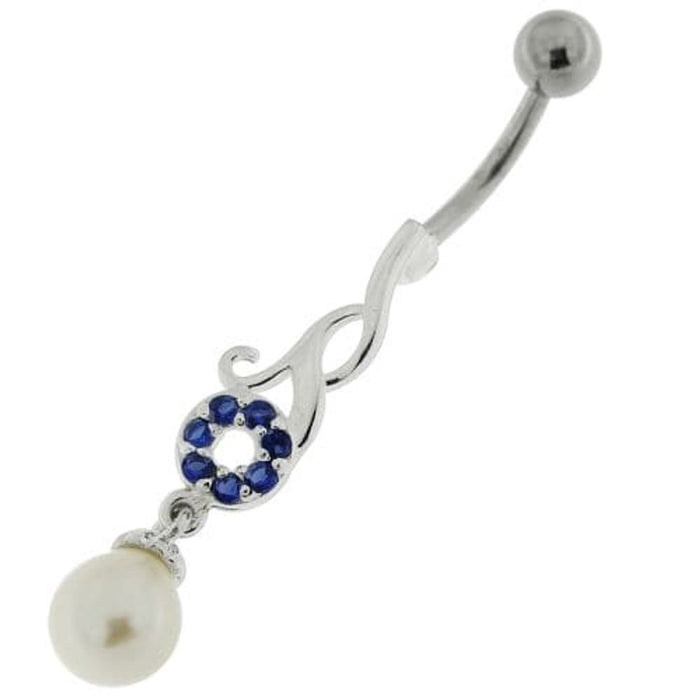 Jeweled Fancy Pearl Dangling Steel Banana Bar Navel Belly Ring