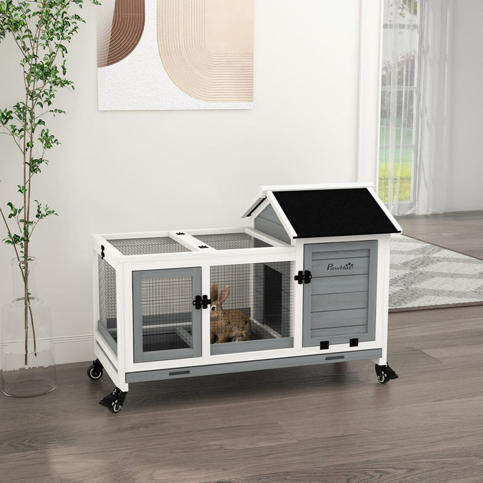 PawHut Wooden Rabbit Hutch, Small Animal  House w/ Wheels, Removable Tray - Grey