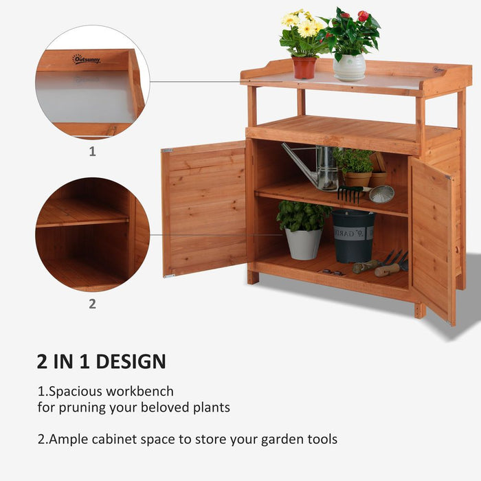 Versatile Outdoor Potting Bench Table w/ Storage Cabinet, Galvanized Top & Garden Shed, 98cm x 47cm x 105cm