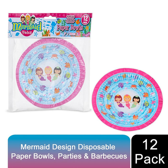 Premium Mermaid Design 7Inch Paper Bowls - Set of 12 for Picnics, Parties & BBQs