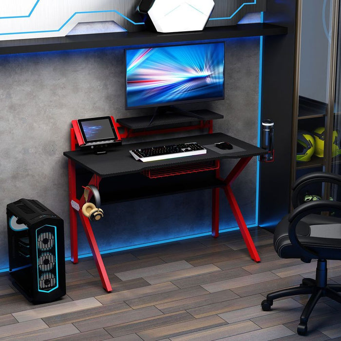 Gaming Desk: Cup Holder, Headphone Hook, Storage - Red