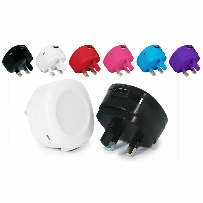 GVC 1A USB 3Pin Mains Charger, Colours Available