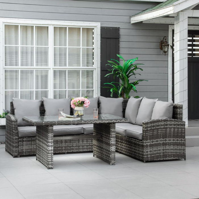 Outsunny 5-Seater Patio Dining Table Set, All Weather PE Rattan Sofa Cushions, Grey