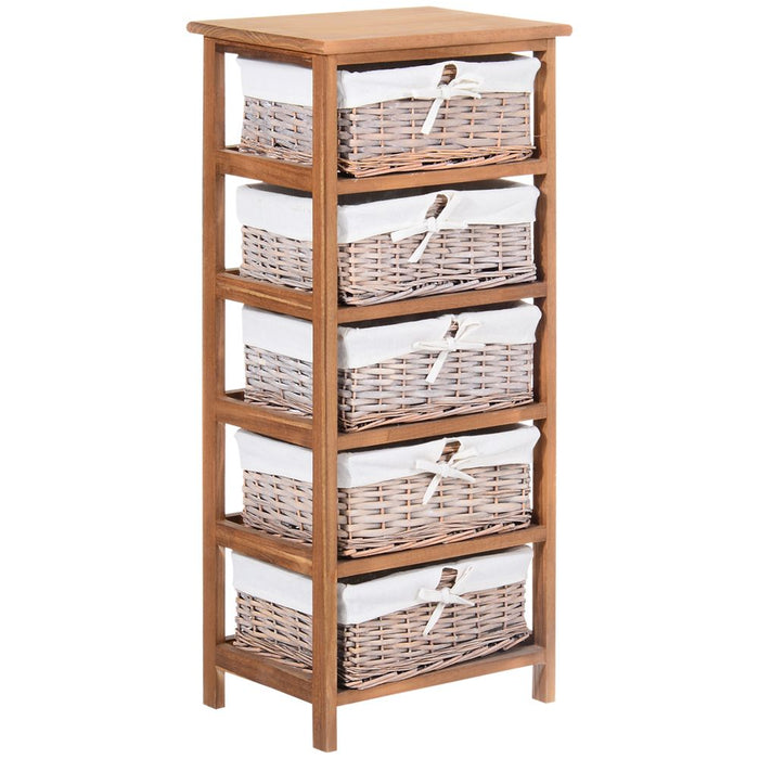 5-Drawers Storage Unit Wooden Frame W/ Wicker Woven Baskets