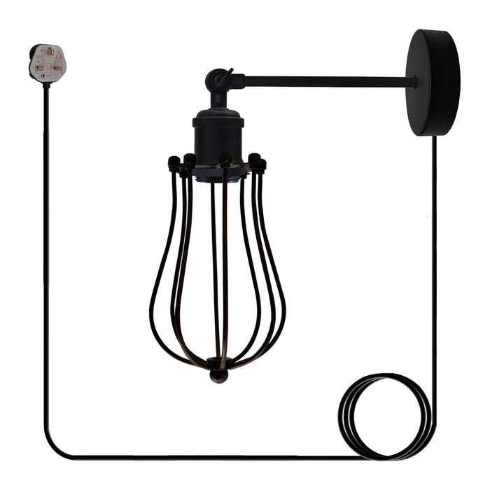 Modern Industrial Black Loft Metal Plug in wall Lamp Shade Wire Cage 4m Rapper cable with dimmer switch