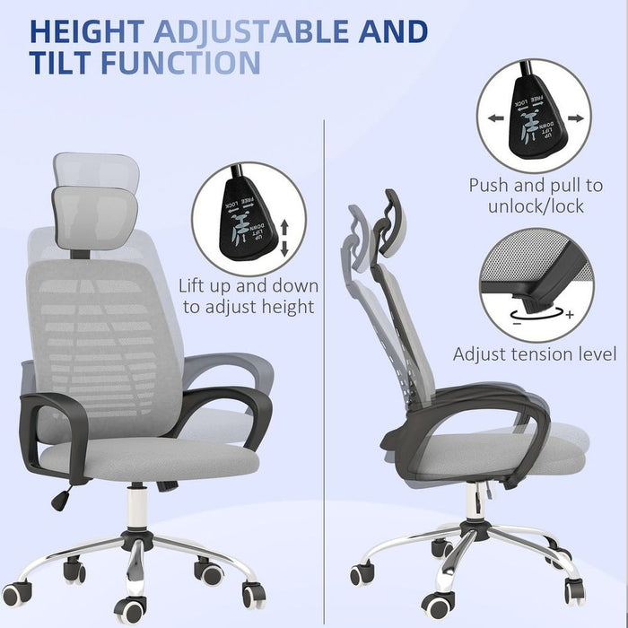 Premium Vinsetto Mesh Office Chair - Comfortable, Rotatable Headrest - Grey