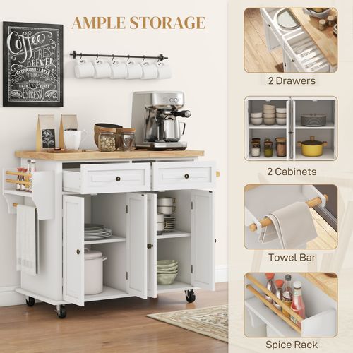 HOMCOM Rolling Kitchen Island Cart with Rubber Wood Top, Spices Cream White