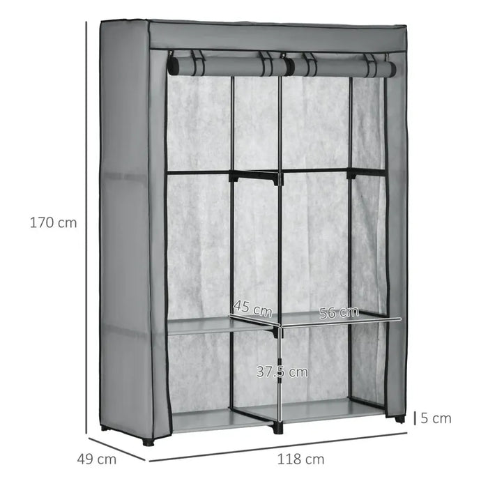 Fabric Wardrobe Portable Fabric Cabinet W/ 4 Shelves 2 Hanging Rails Light Grey