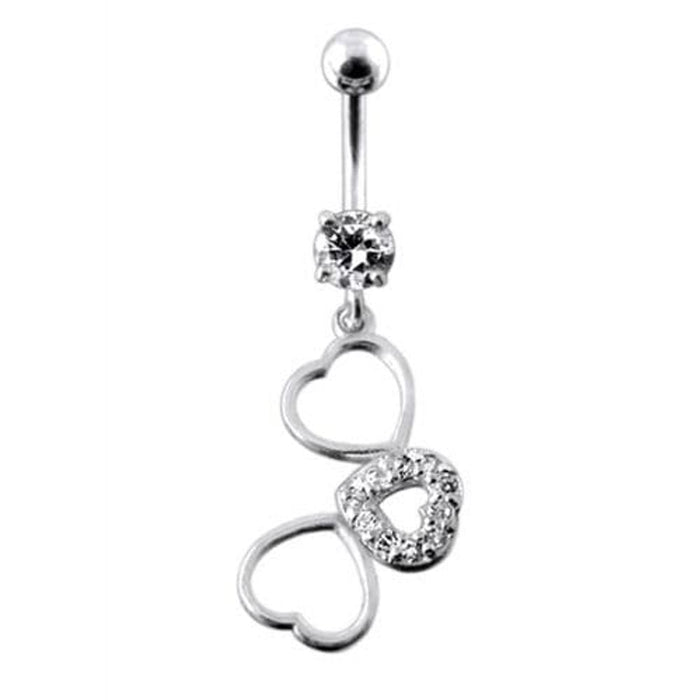 Fancy Jeweled Multi Heart Dangling SS Curved Navel Ring