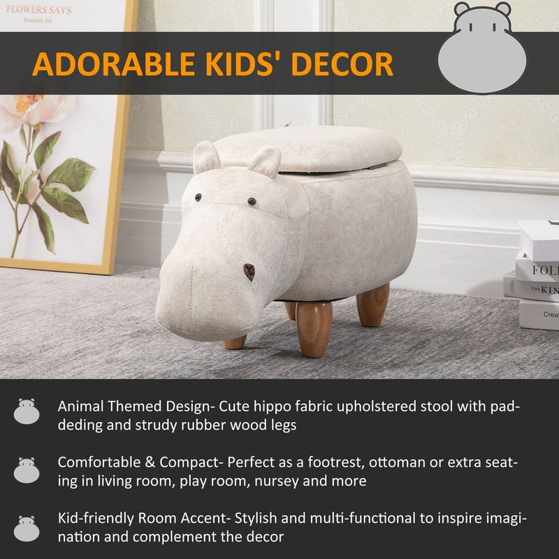 HOMCOM Hippo Storage Stool | Cute Footrest | Wood Frame Legs | Cream
