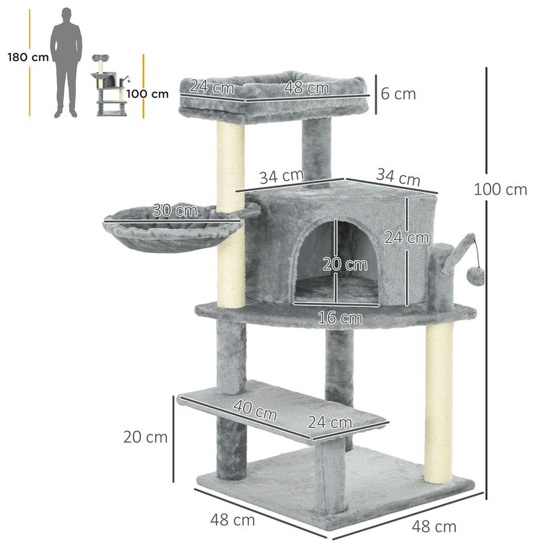 PawHut Cat Tree Tower Scratching Post - Multiple Platforms for Endless Fun - Grey