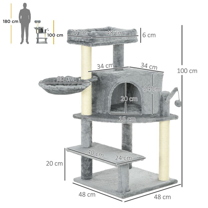 PawHut Cat Tree Tower Scratching Post - Multiple Platforms for Endless Fun - Grey