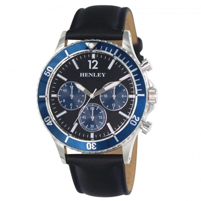 Henley Men's Polished Blue Dial Black Strap Watch H02210.6