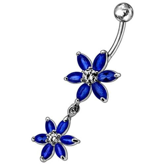 Silver Jeweled Flower Dangling SS Curved Belly Ring