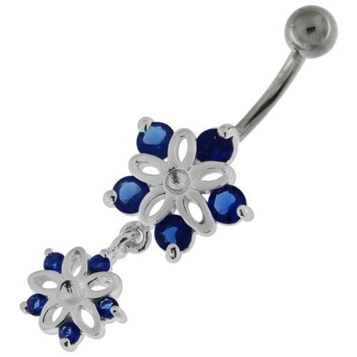 Jeweled Twin Flowers Sterling Silver Belly Button Ring