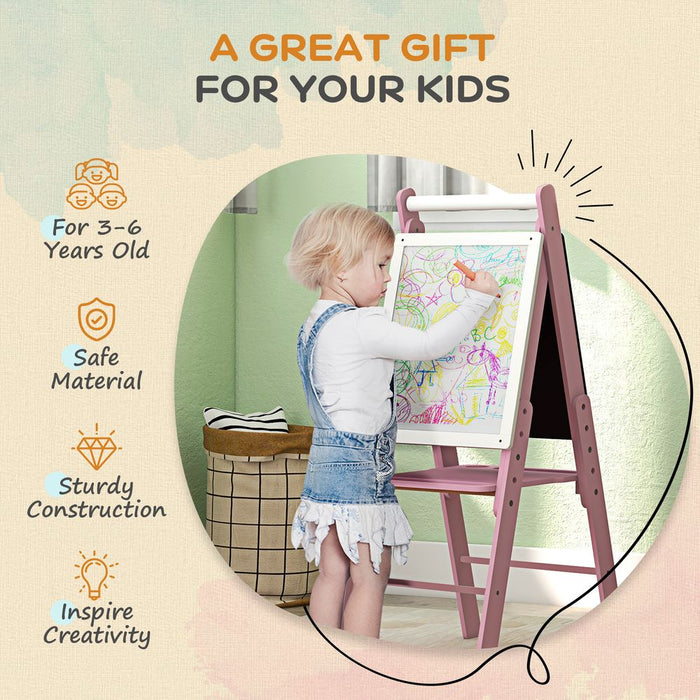 Art Easel for Kids, Double-Sided Whiteboard Chalkboard w/ Paper Roll - Pink