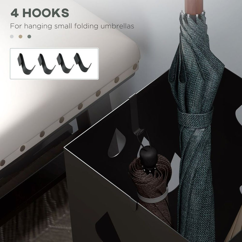 HOMCOM Metal Umbrella Stand, Square Umbrella Basket with 4 Hooks and Drip Tray