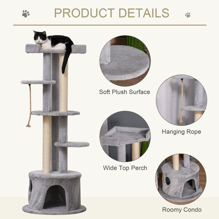 PawHut Cat Tree Kitten Tower w/ Scratching Post Condo Plush Perches Grey