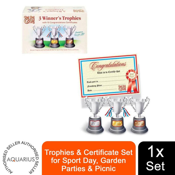 Aquarius Sport Trophies & Certificate Set - Perfect for Garden Parties, Picnics & Sports Day