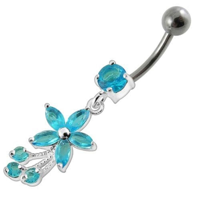 Fancy Flower With Stone Dangling SS Curved Belly Ring