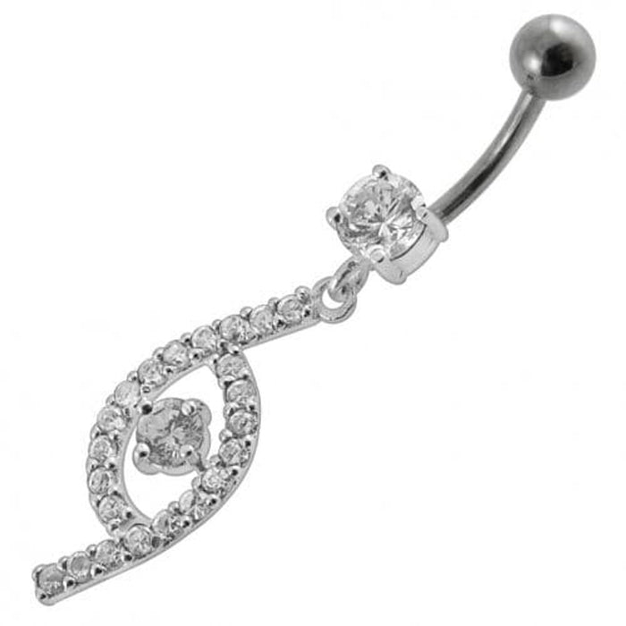 Jeweled Fancy Silver Dangling SS Bar Curved Navel Ring