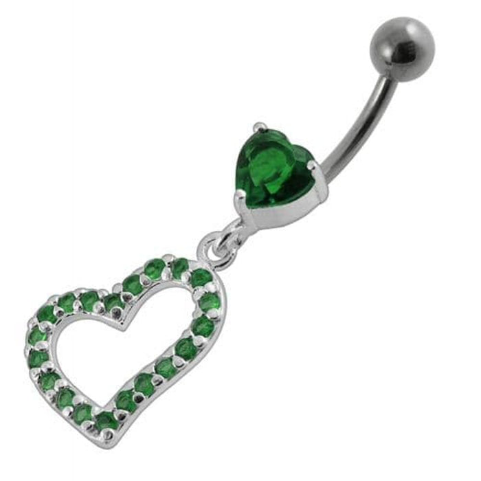 Jeweled Fancy Heart Loop Silver Dangling SS Banana Navel Ring