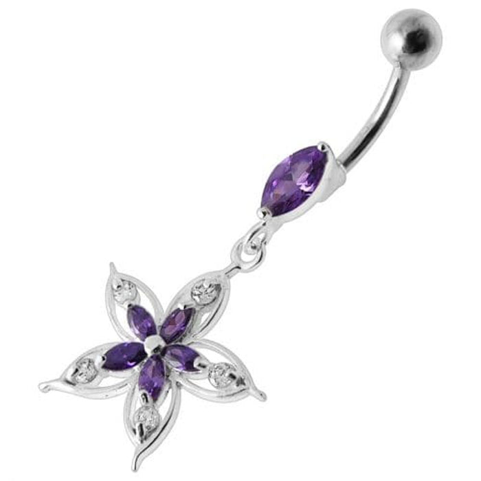 Fancy Star Jeweled Silver Dangling Belly Ring