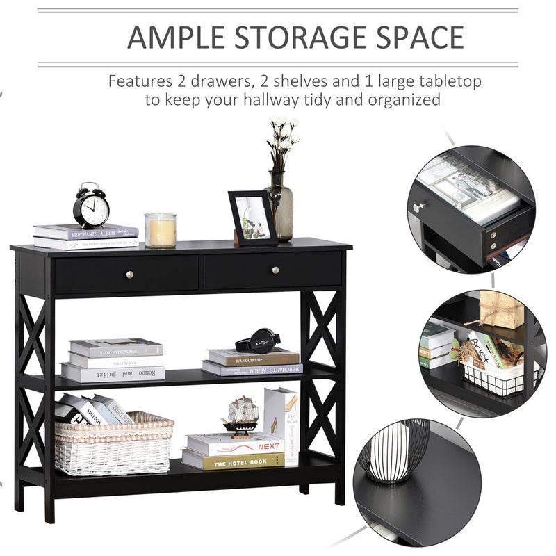 HOMCOM Console Table Side Desk w/Shelves Drawers Open Top X Support Frame Living Room Hallway Home Office Furniture Black