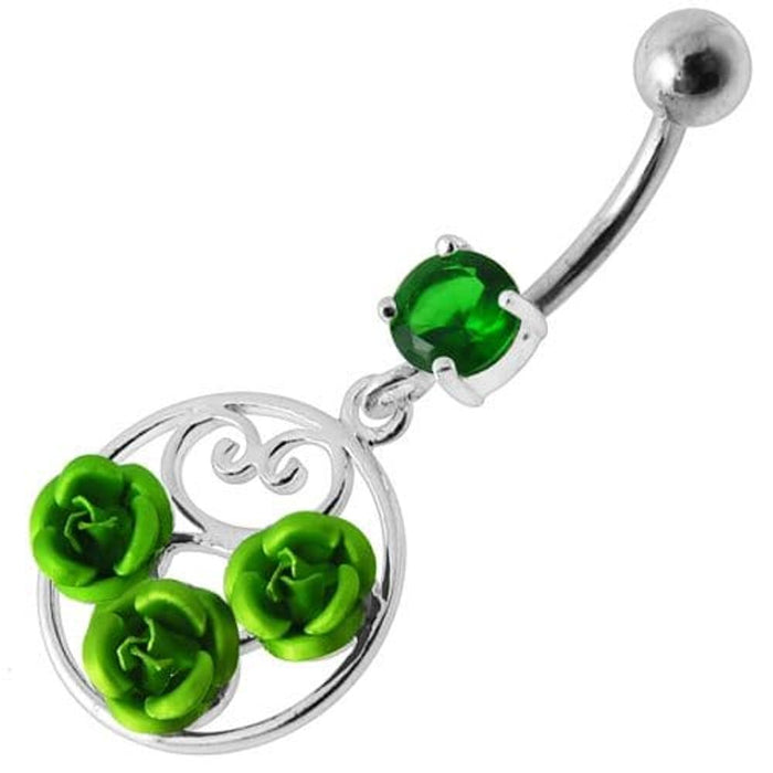 Fancy Multi Jeweled  ROSES Dangling Banana Bar Belly Ring