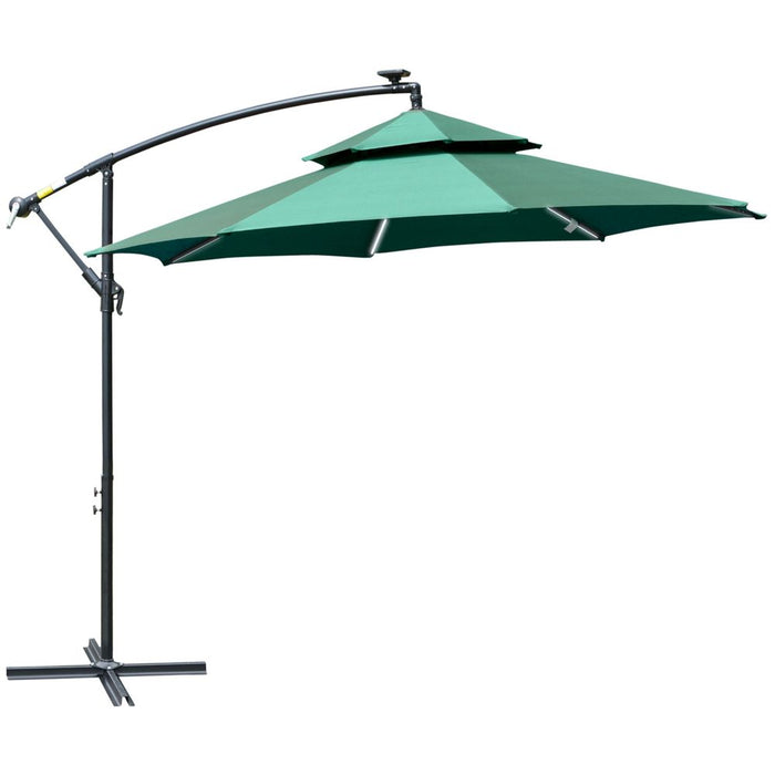 Premium 3m Double Roof Cantilever Banana Parasol w/ LED Solar Lights - Crank, Green