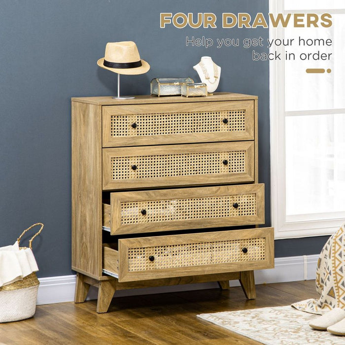 Rattan Chest of Drawers 4-Drawer Dresser Storage Cabinet Bedroom, Wood Effect