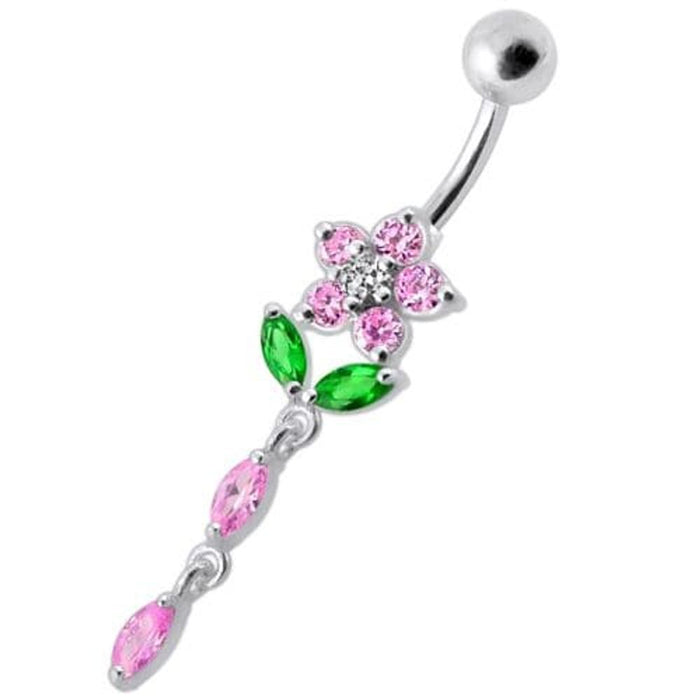 Fancy Jeweled Flower Dangling Banana Bar Navel Ring