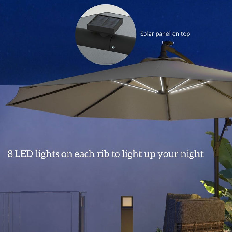 Outsunny 3(m) LED Patio Banana Umbrella Cantilever Parasol w/ Crank, Grey