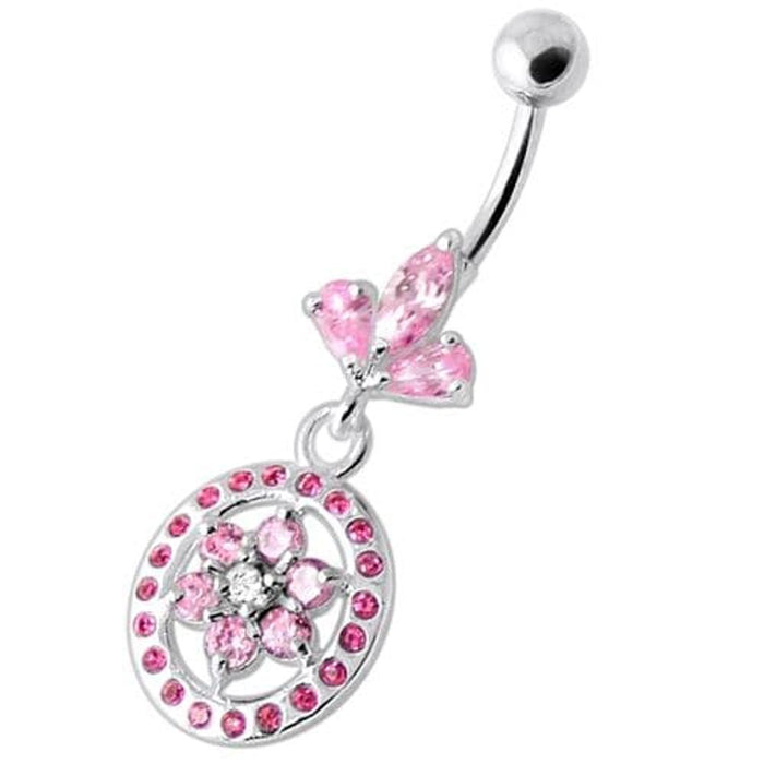 Flower in multi Jeweled Round Frame Navel Bar