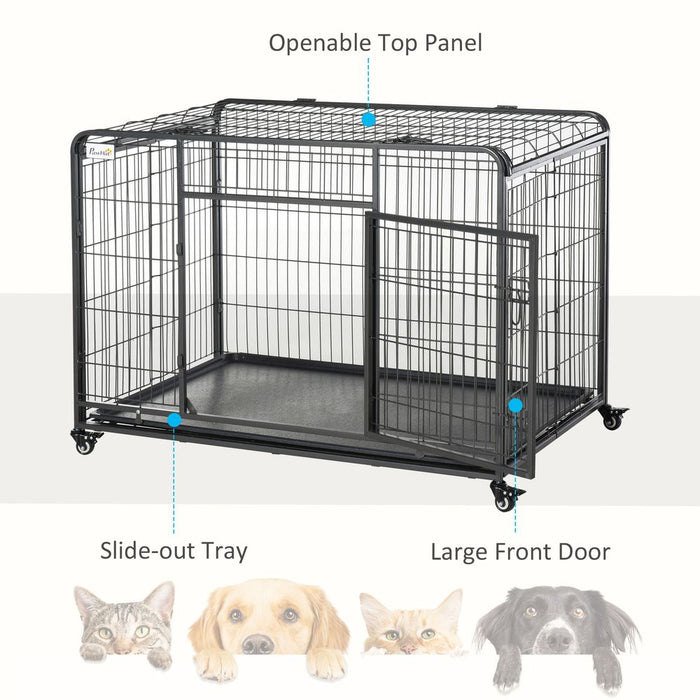 Extra Large 81x125cm Metal Dog Cage Kennel Locking Door & Wheels - High-Quality from Pawhut