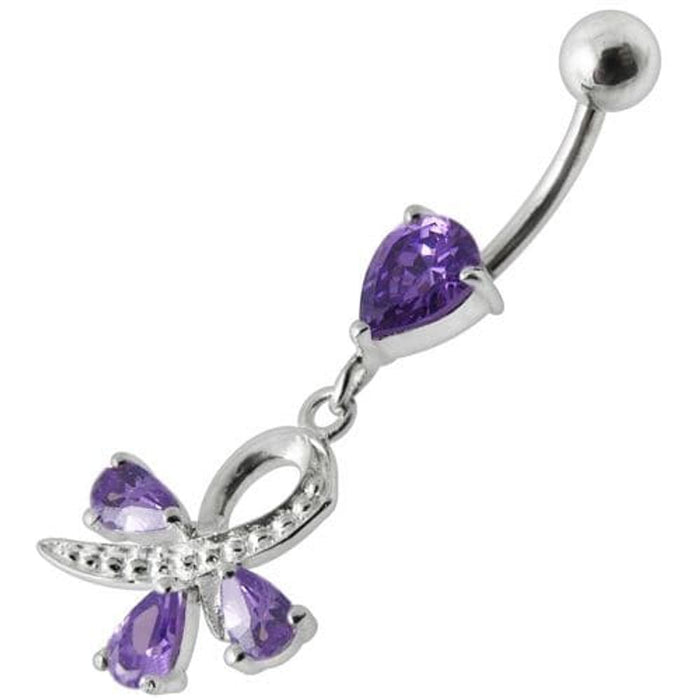 Silver  Pear Jeweled Dangling SS Belly Ring Body Jewelry