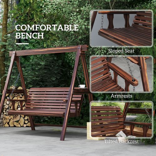 Outsunny 3 Seater Wooden Garden Swing Chair with Side Tables